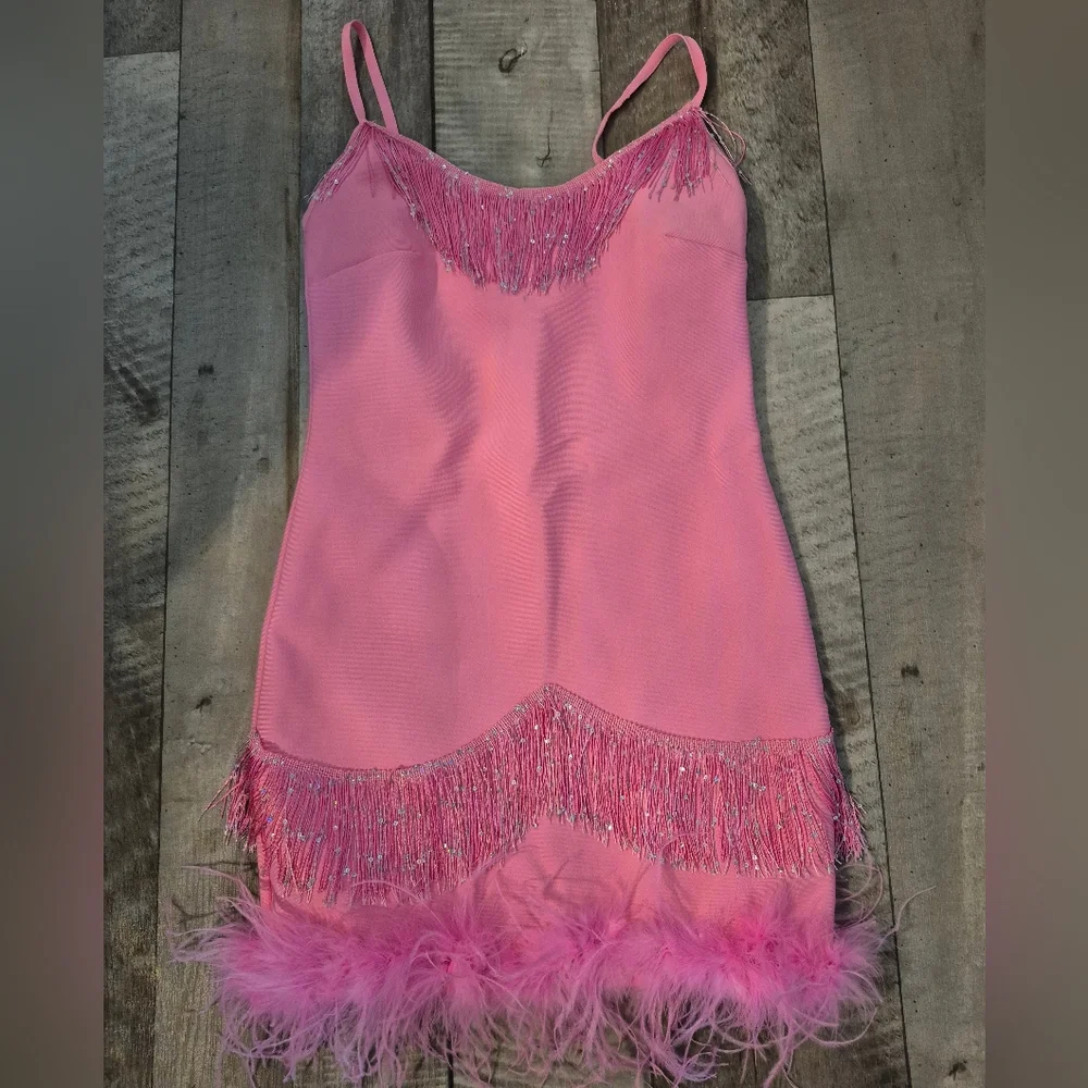 Fashion Nova Slip Dress Bodycon Glam Night Feathers Fringe Beads Pink M/L - Picture 4 of 9